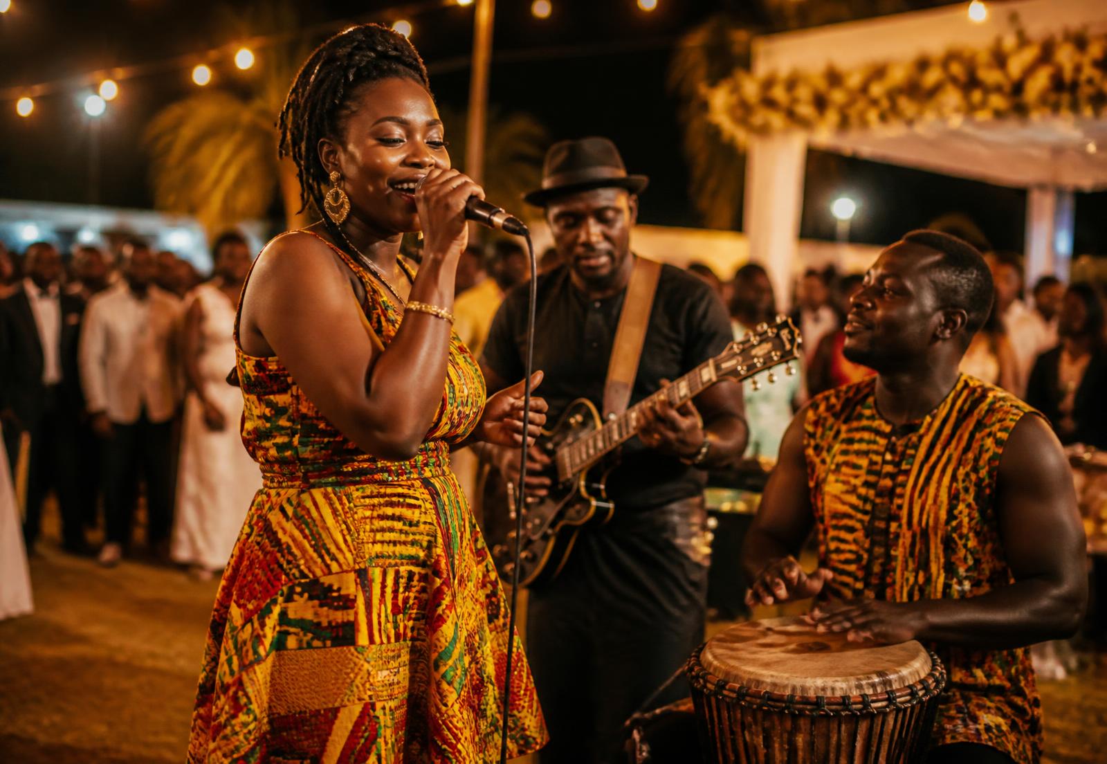 Ghanaian live band performing at an outdoor wedding reception